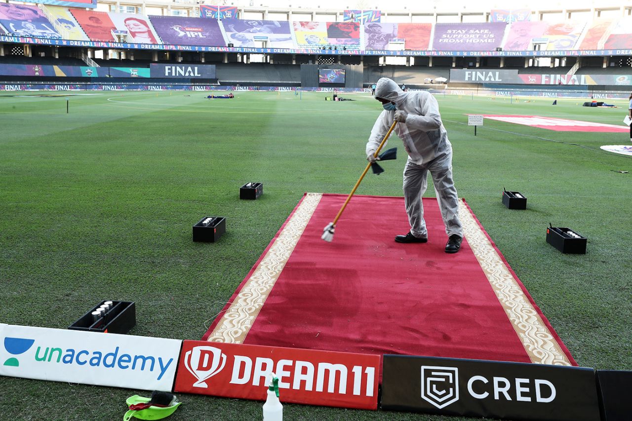 A red carpet at the entrance to the ground is sanitised, Mumbai Indians vs Delhi Capitals, IPL 2020 final, Dubai, November 10, 2020