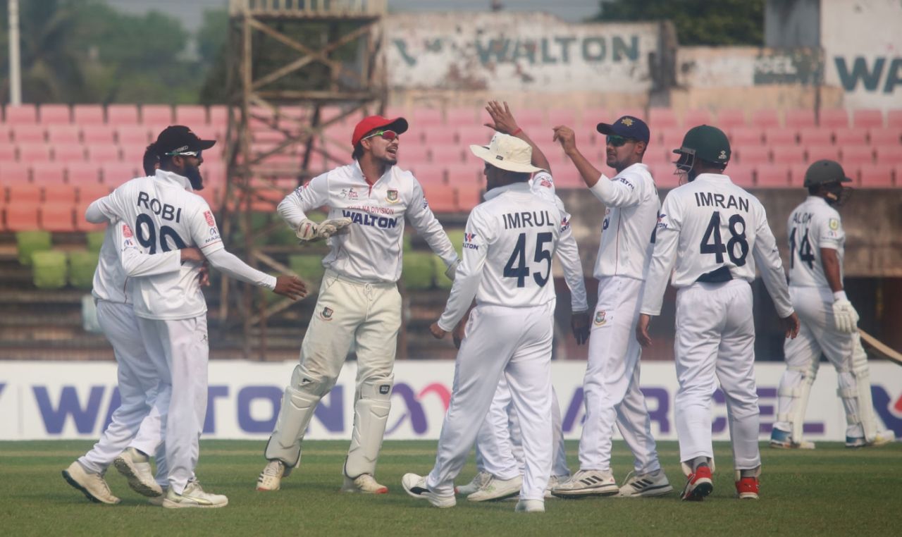 Khulna celebrate a wicket in their eight-wicket win over Sylhet, Khulna Division vs Sylhet Division, National Cricket League 2020-21, Khulna, March 25, 2021