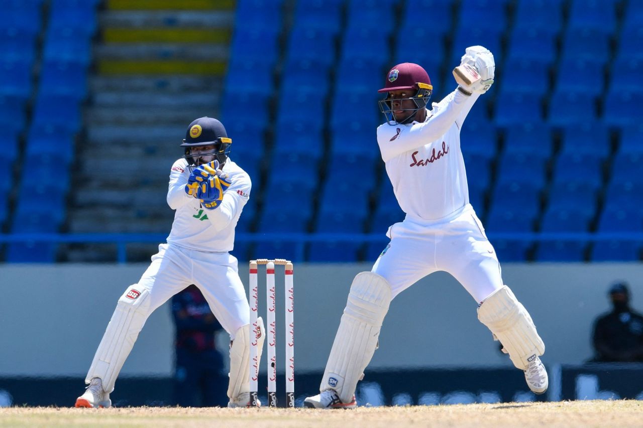 Nrkumah Bonner flays one through the off side, West Indies vs Sri Lanka, 1st Test, North Sound, 5th day, March 25, 2021