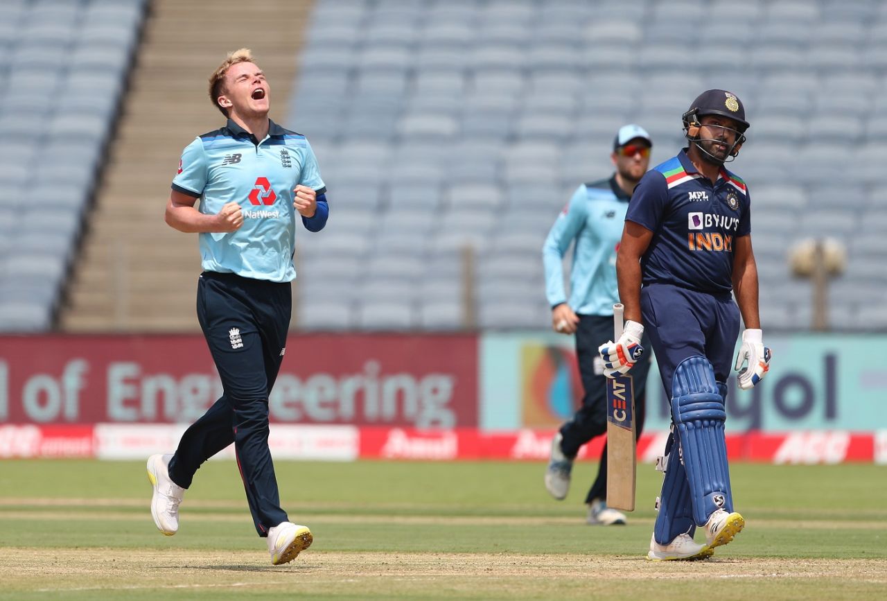 Contrasting emotions on show after Sam Curran dismissed Rohit Sharma, India vs England, 2nd ODI, Pune, March 26, 2021