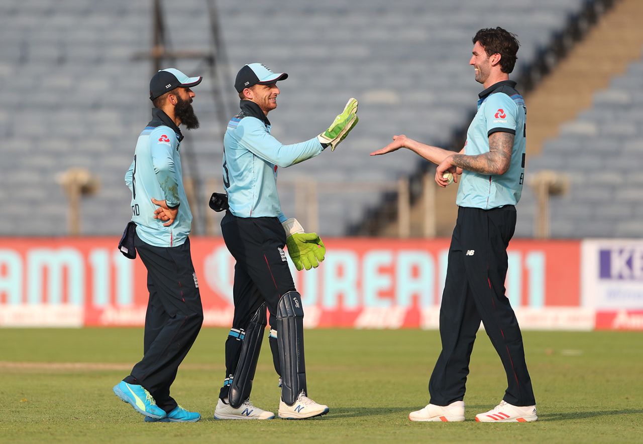 Reece Topley celebrates a breakthrough, India vs England, 2nd ODI, Pune, March 26, 2021