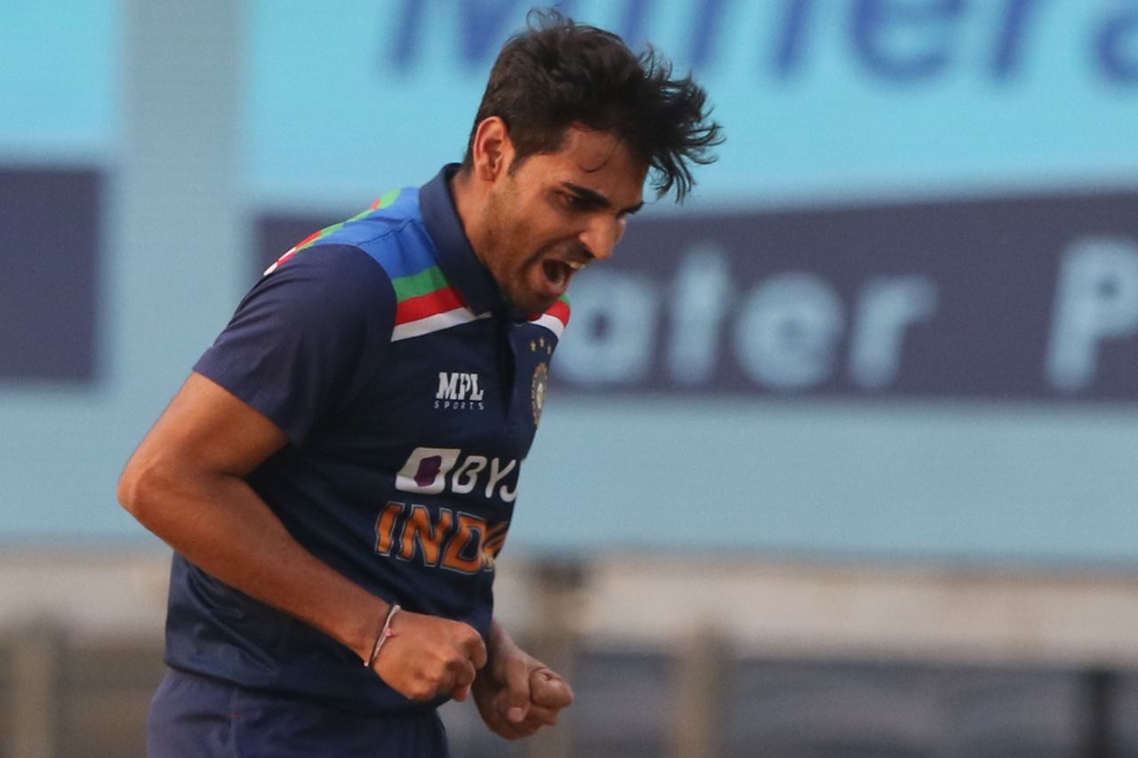 Bhuvneshwar Kumar is pumped after picking up a wicket, India vs England, 3rd ODI, Pune, March 28, 2021

