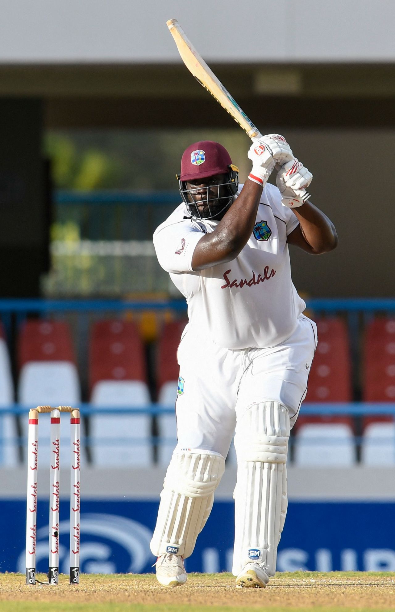 Rahkeem Cornwall drives down the ground, West Indies vs Sri Lanka, 2nd Test, North Sound, 1st day, March 29, 2021