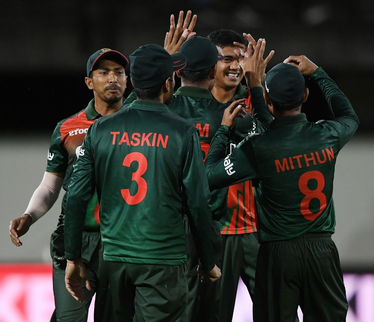 The Bangladesh players celebrate a wicket, New Zealand vs Bangladesh, 2nd T20I, Napier, March 30.2021