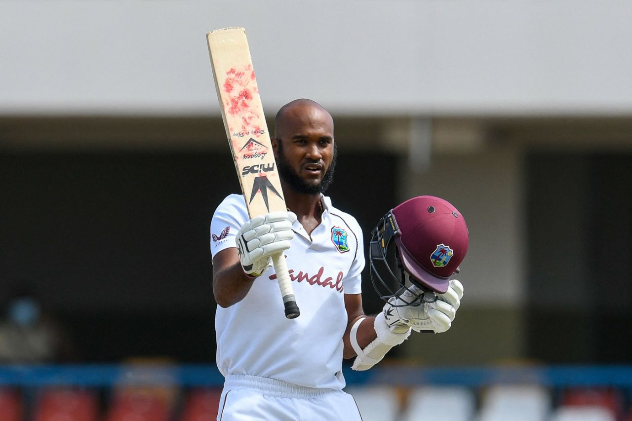 Kraigg Brathwaite brought up his ninth Test century and first as West Indies captain, West Indies vs Sri Lanka, 2nd Test, 2nd Day, North Sound, March 30, 2021