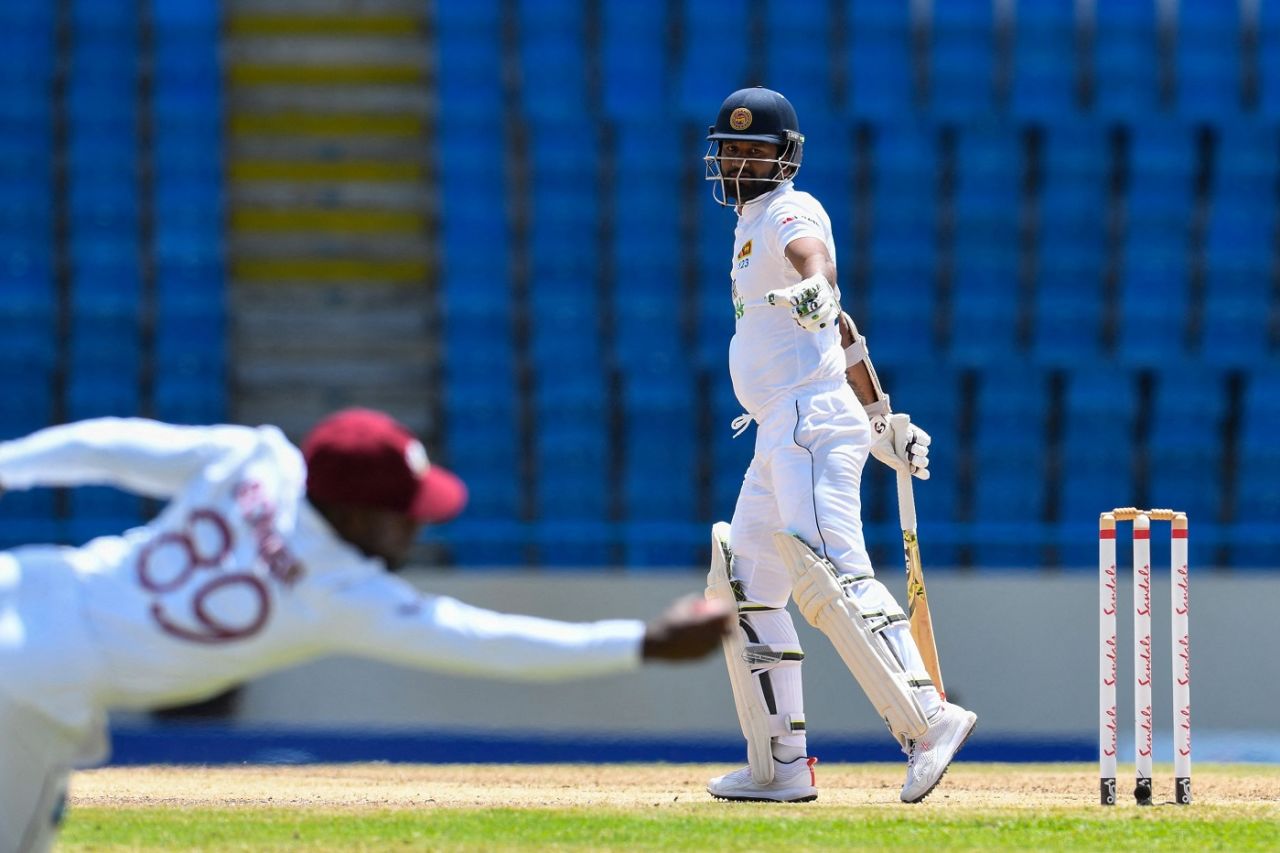 Nkrumah Bonner dives to take a catch to remove Dimuth Karunaratne, West Indies vs Sri Lanka, 2nd Test, 2nd Day, North Sound, March 30, 2021