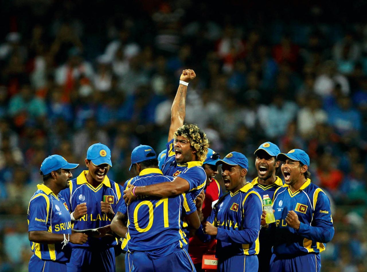 Lasith Malinga is thrilled after dismissing Virender Sehwag, India v Sri Lanka, final, World Cup 2011, Mumbai, April 2, 2011