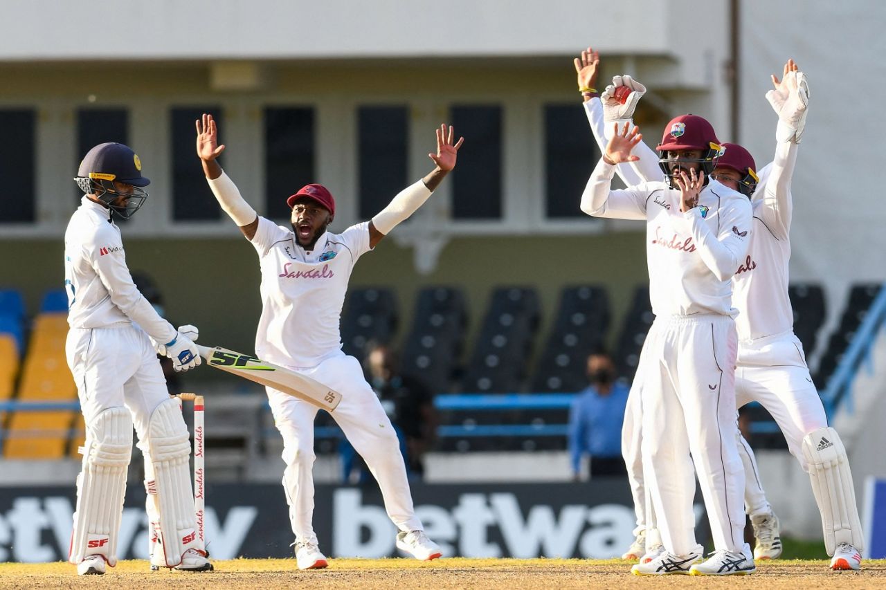 The West Indians go up in appeal for a caught-behind decision against Dhananjaya de Silva, West Indies vs Sri Lanka, 2nd Test, North Sound, 2nd day, March 30, 2021