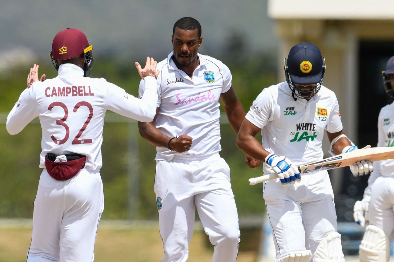 Shannon Gabriel celebrates dismissing Dinesh Chandimal, West Indies vs Sri Lanka, 2nd Test, North Sound, 3rd day, March 31, 2021