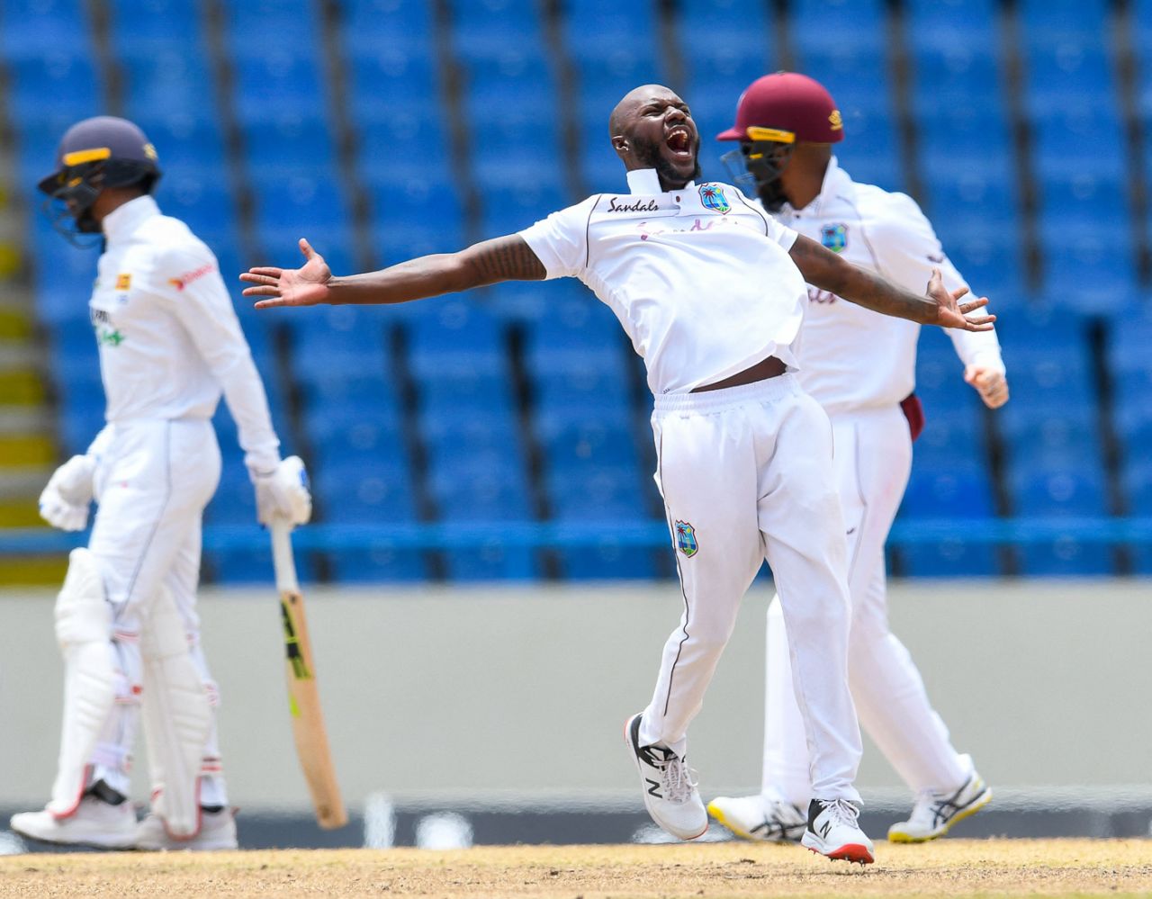 Jermaine Blackwood belts out a successful lbw appeal to dismiss Dhananjaya de Silva, West Indies vs Sri Lanka, 2nd Test, North Sound, 3rd day, March 31, 2021