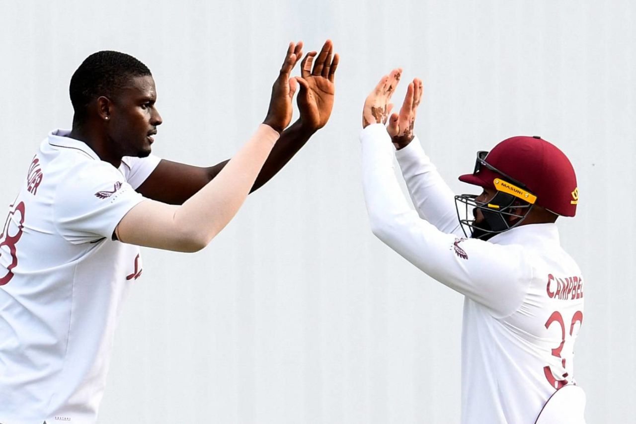 Jason Holder celebrates a wicket with John Campbell, West Indies vs Sri Lanka, 2nd Test, North Sound, 3rd day, March 31, 2021