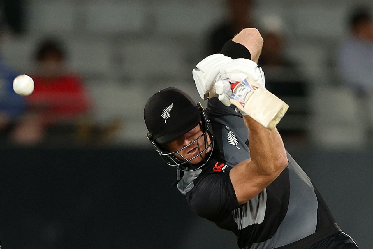 Martin Guptill muscles the ball away, New Zealand vs Bangladesh, 3rd T20I, Auckland, April 1, 2021