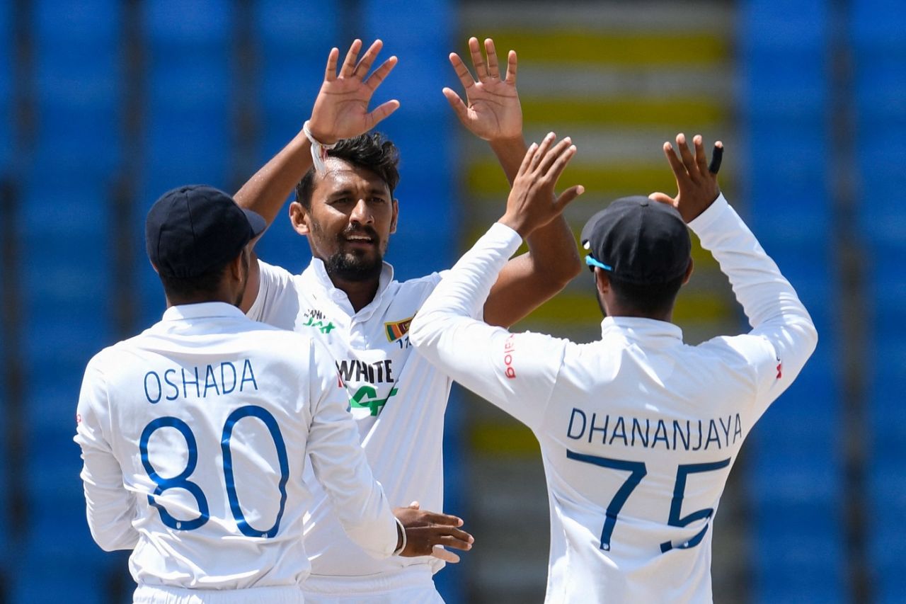 Suranga Lakmal celebrates dismissing John Campbell, West Indies vs Sri Lanka, 2nd Test, North Sound, 4th day, April 1, 2021