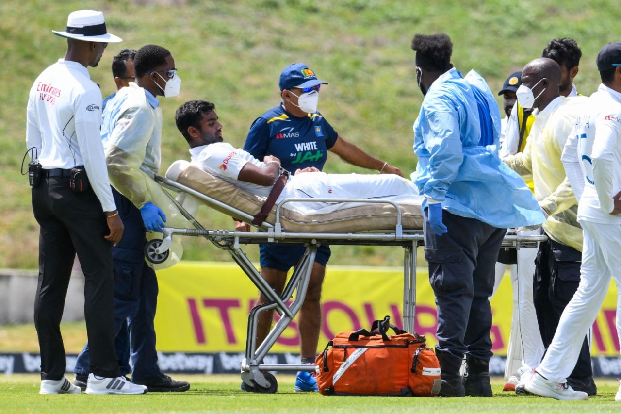 Lasith Embuldeniya was stretchered off the field, West Indies vs Sri Lanka, 2nd Test, North Sound, 4th day, April 1, 2021