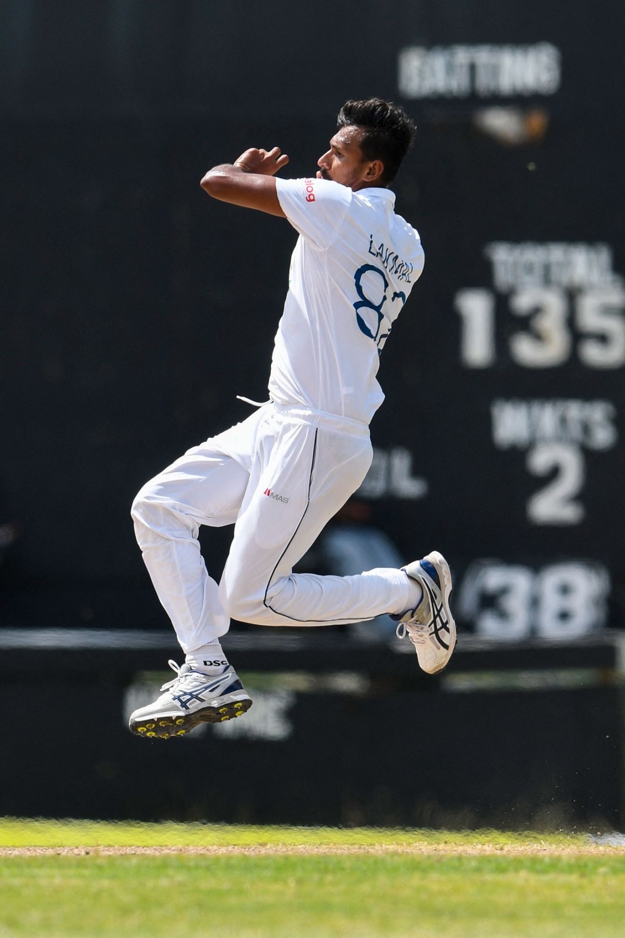 Suranga Lakmal in his pre-delivery stride, West Indies vs Sri Lanka, 2nd Test, North Sound, 4th day, April 1, 2021