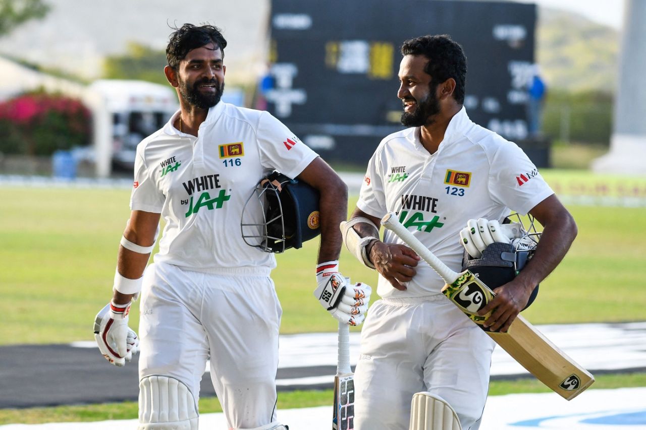 Lahiru Thirimanne and Dimuth Karunaratne walk off the field at the end of day four, West Indies vs Sri Lanka, 2nd Test, North Sound, 4th day, April 1, 2021