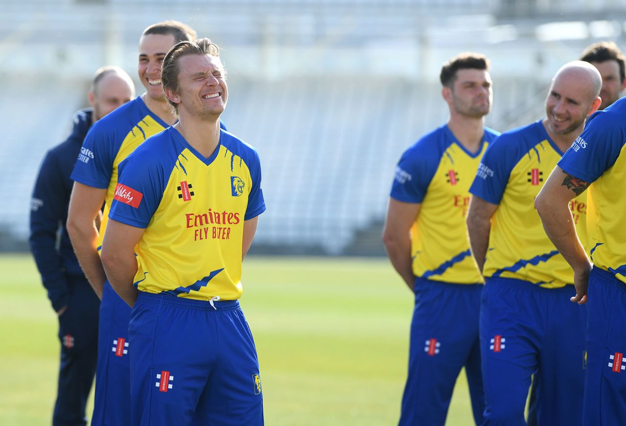 Scott Borthwick shares a joke with Chris Rushworth at Durham's pre-season media day, March 31, 2021