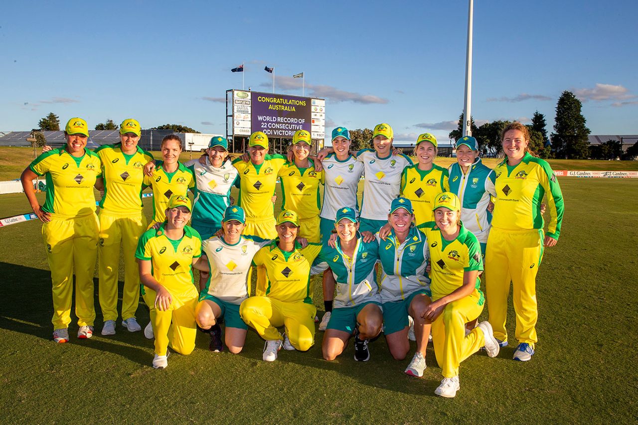 The Australia squad after their world record 22nd ODI win in a row, New Zealand vs Australia, 1st ODI, Mount Maunganui, April 4, 2021