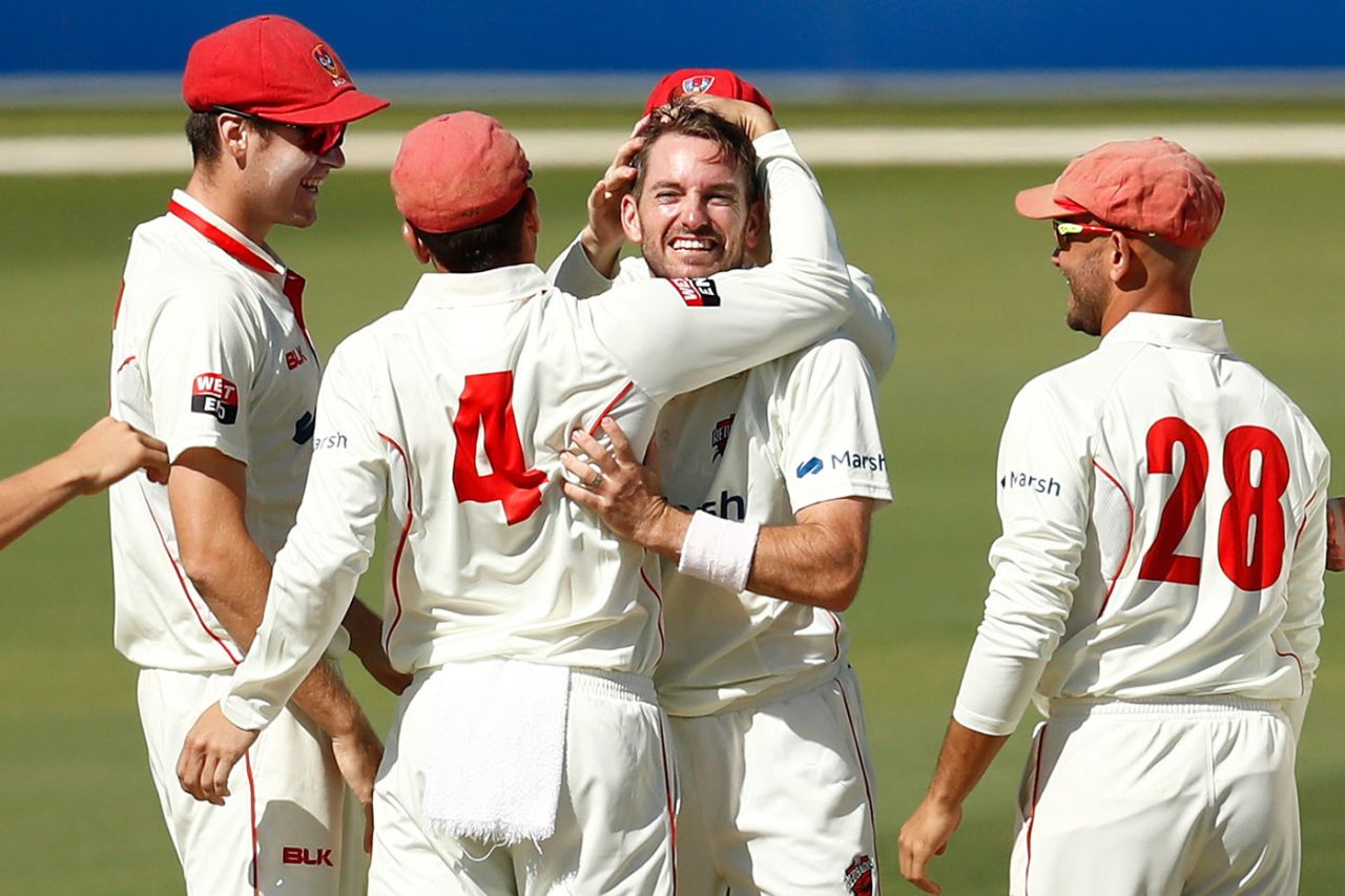 Chadd Sayers celebrates a wicket in his last first-class match, Victoria vs South Australia, Sheffield Shield, Junction Oval, April 4, 2021