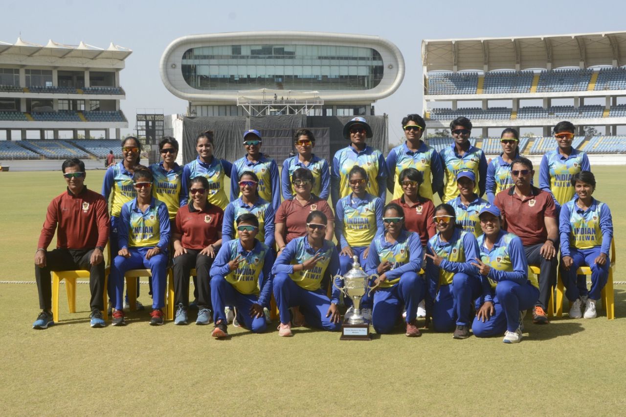 Railways, champions for the 12th time in the one-day format, pose with the winners' trophy, Railways Women vs Jharkhand Women, Women's Senior One Day Trophy, April 4, 2021