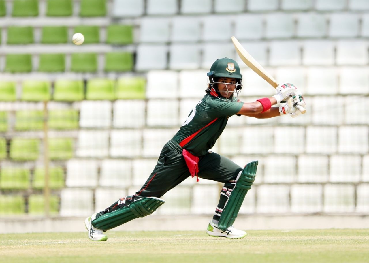 Fargana Hoque plays square on the off side during her unbeaten 72, Bangladesh Women Emerging Players vs South Africa Women Emerging Players, 1st match, Sylhet, April 4, 2021