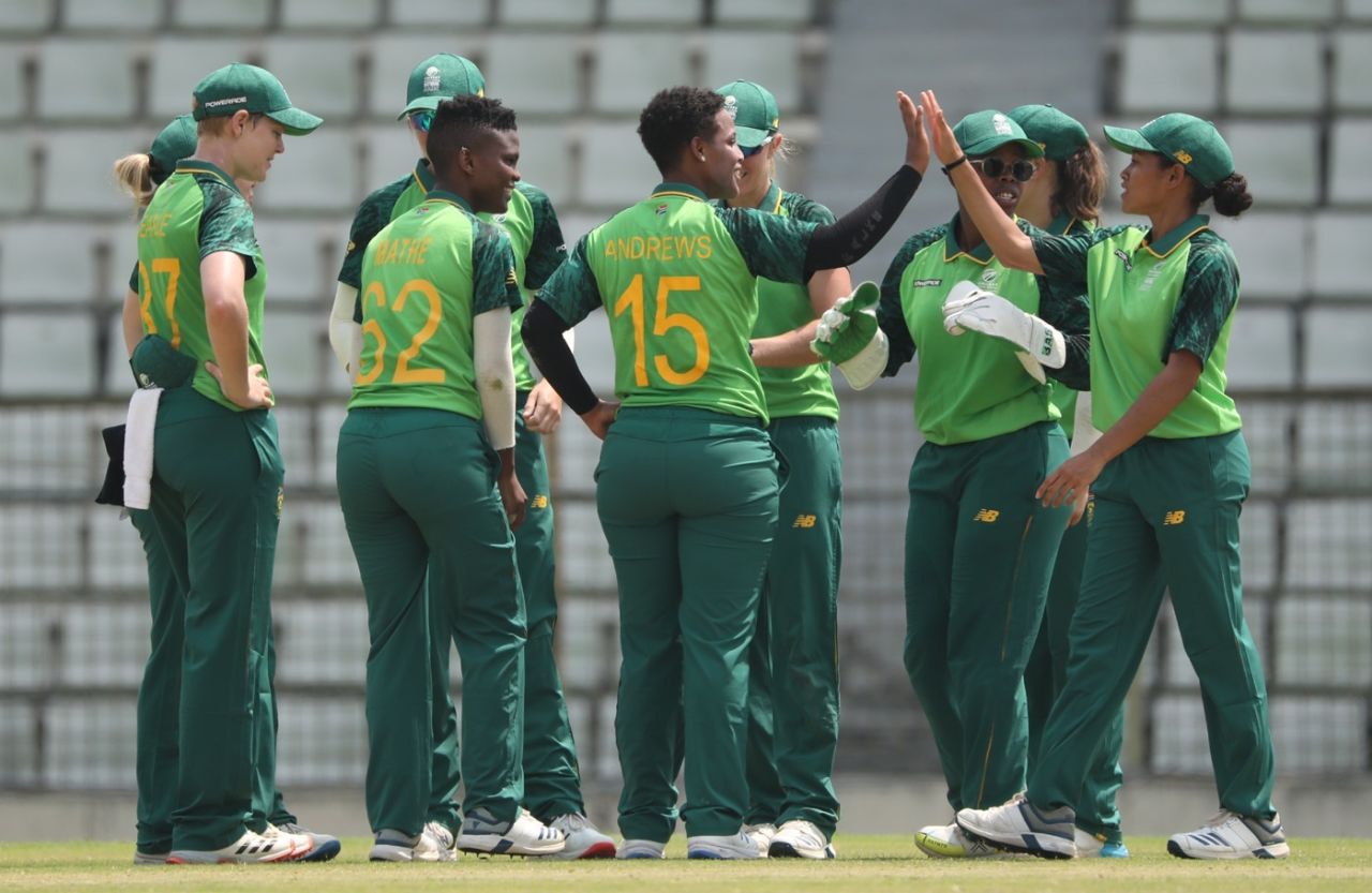 Michaela Andrews celebrates a wicket with her team-mates, Bangladesh Women Emerging Players vs South Africa Women Emerging Players, 1st match, Sylhet, April 4, 2021