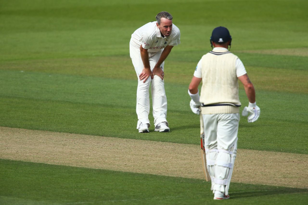 Rikki Clarke takes a breather, Surrey v Kent, The Oval, first day, Bob Willis Trophy, August 22, 2020