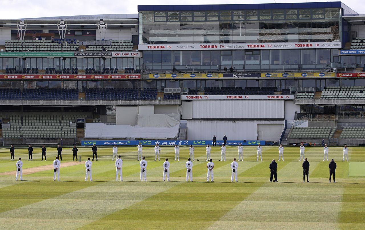 The teams take part in a "moment of unity" before play, Warwickshire vs Derbyshire, County Championship, Edgbaston, April 8, 2021