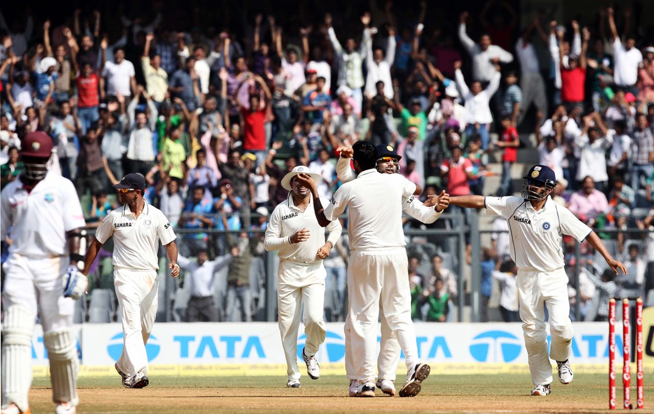R Ashwin celebrates Devendra Bishoo's wicket, India v West Indies, 3rd Test, Mumbai, 5th day, November 26, 2011 