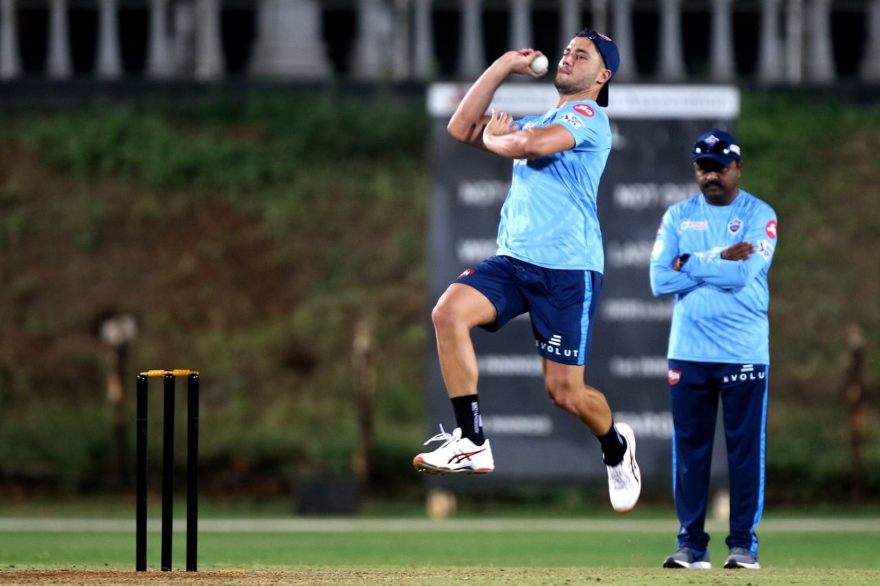 Marcus Stoinis sizes up his target during an intra-squad match, IPL 2021, April 8, 2021, Mumbai