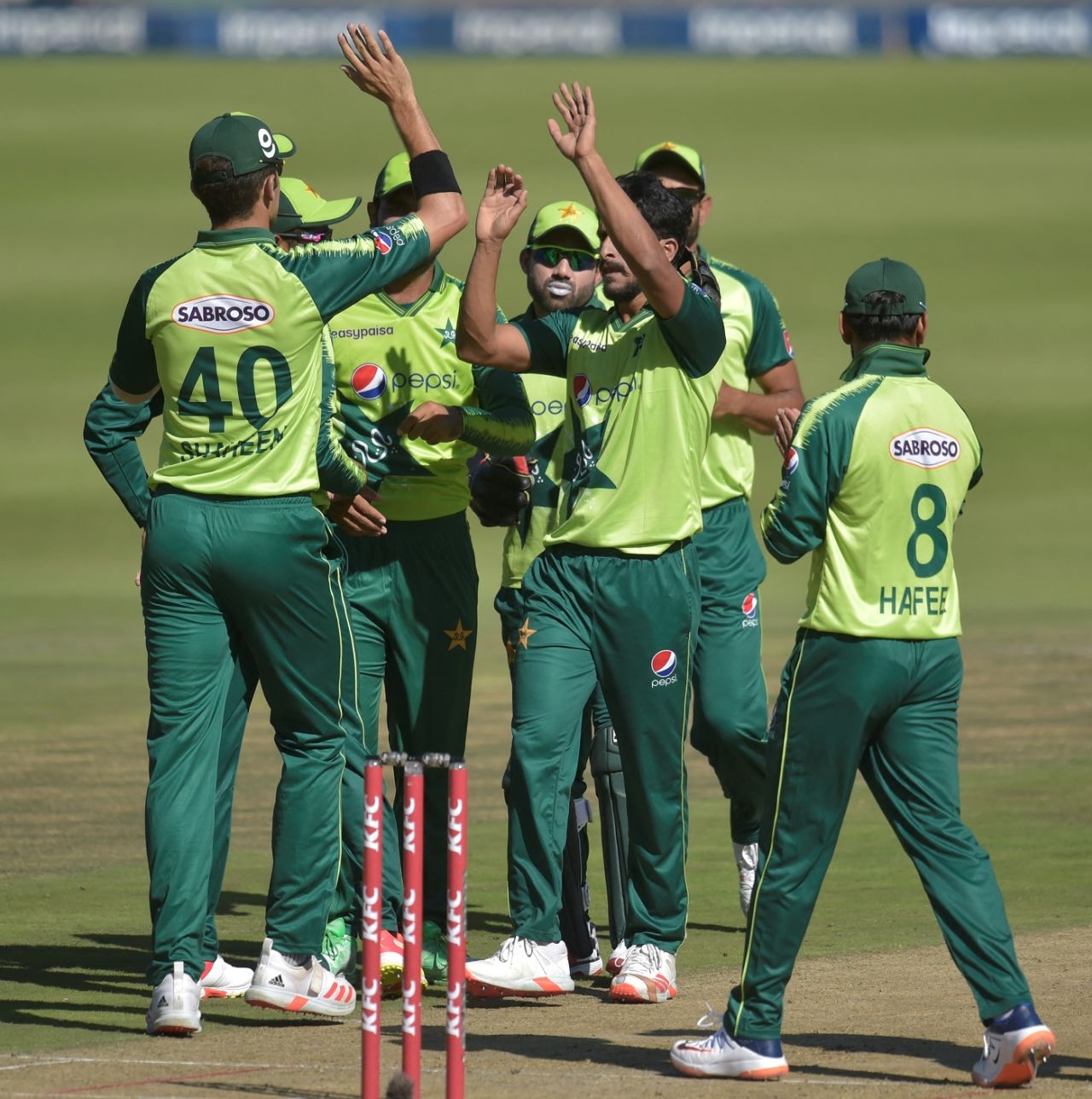 Hasan Ali celebrates the wicket of debutant Wihan Lubbe, South Africa vs Pakistan, 1st T20I, Johannesburg, April 10, 2021