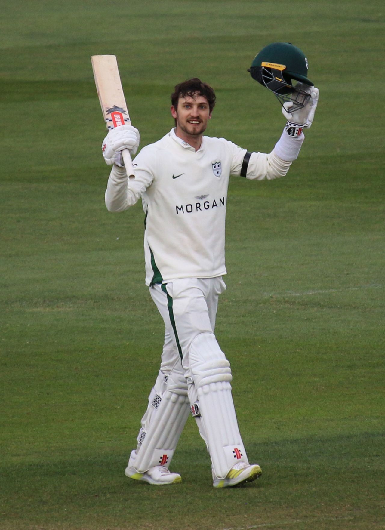 Ed Barnard celebrates his maiden first-class century, Essex v Worcestershire, Chelmsford, 3rd day, April 10, 2021