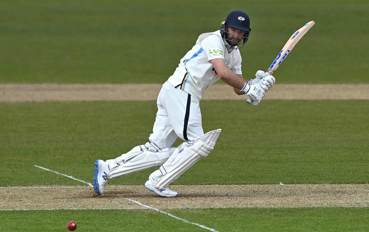 Adam Lyth tucks off his pads, Yorkshire vs Glamorgan, County Championship, Headingley, April 9, 2021