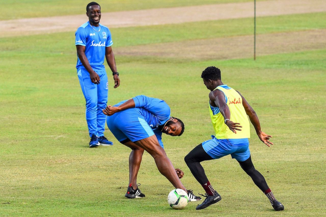Kieron Pollard plays football with teammates during a practice session, West Indies  tour of Sri Lanka, Pallekele International Cricket Stadium, Kandy, March 3, 2020.