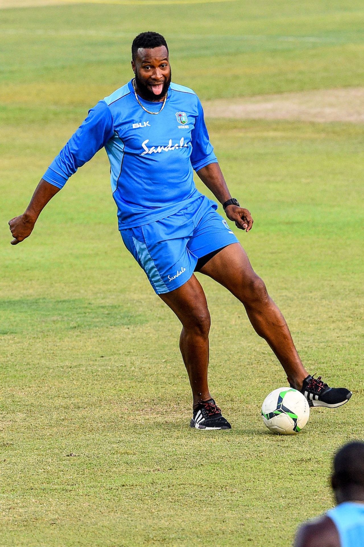 Kieron Pollard plays football with teammates during a practice session, West Indies tour of Sri Lanka, Pallekele International Cricket Stadium, Kandy, March 3, 2020.