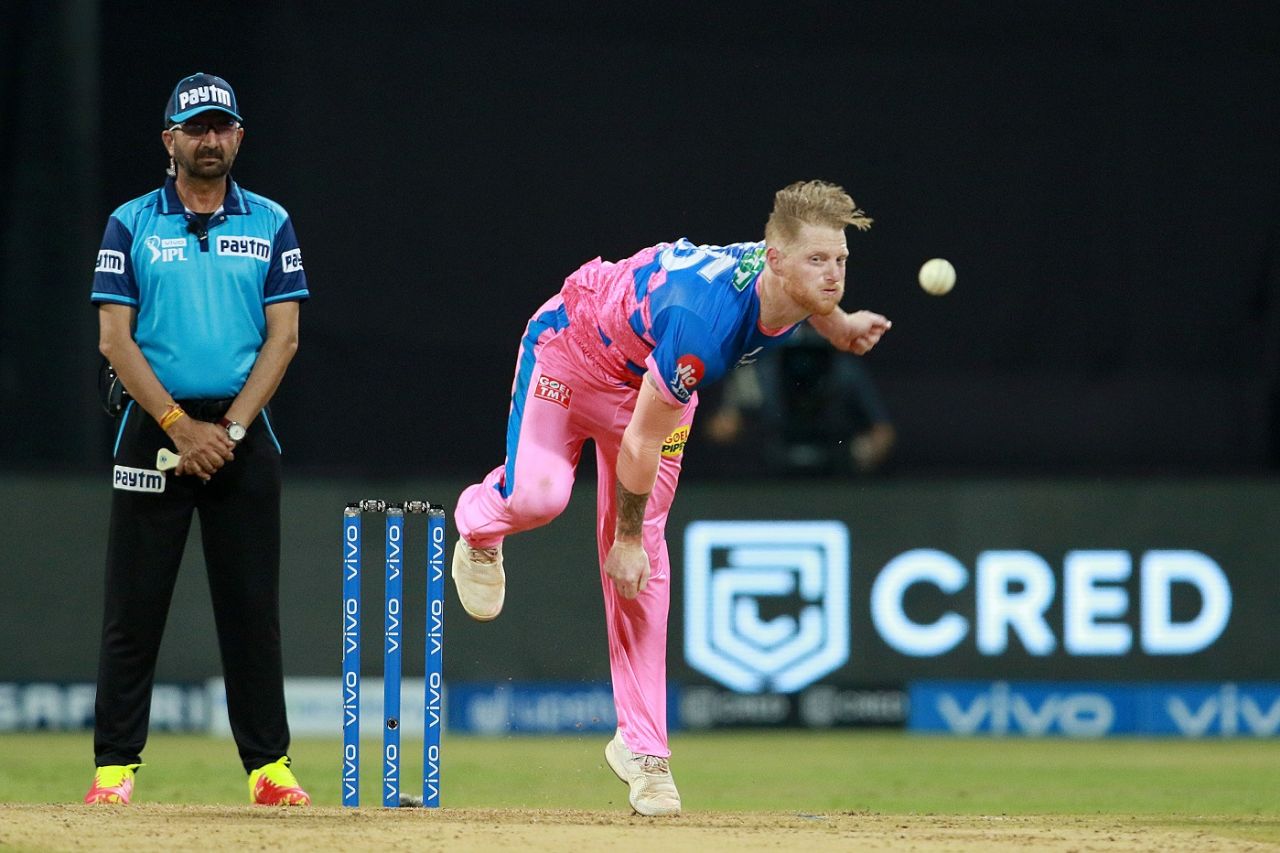Ben Stokes in his follow-through, Rajasthan Royals vs Punjab Kings, IPL 2021, Mumbai, April 12, 2021