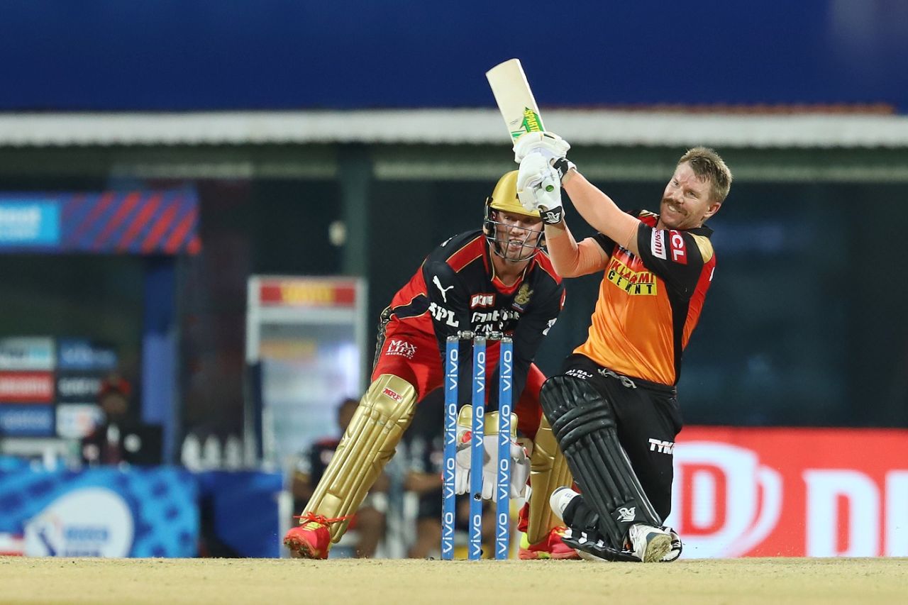 David Warner cracks one over the leg-side infield, Sunrisers Hyderabad vs Royal Challengers Bangalore, IPL 2021, Chennai, April 14, 2021