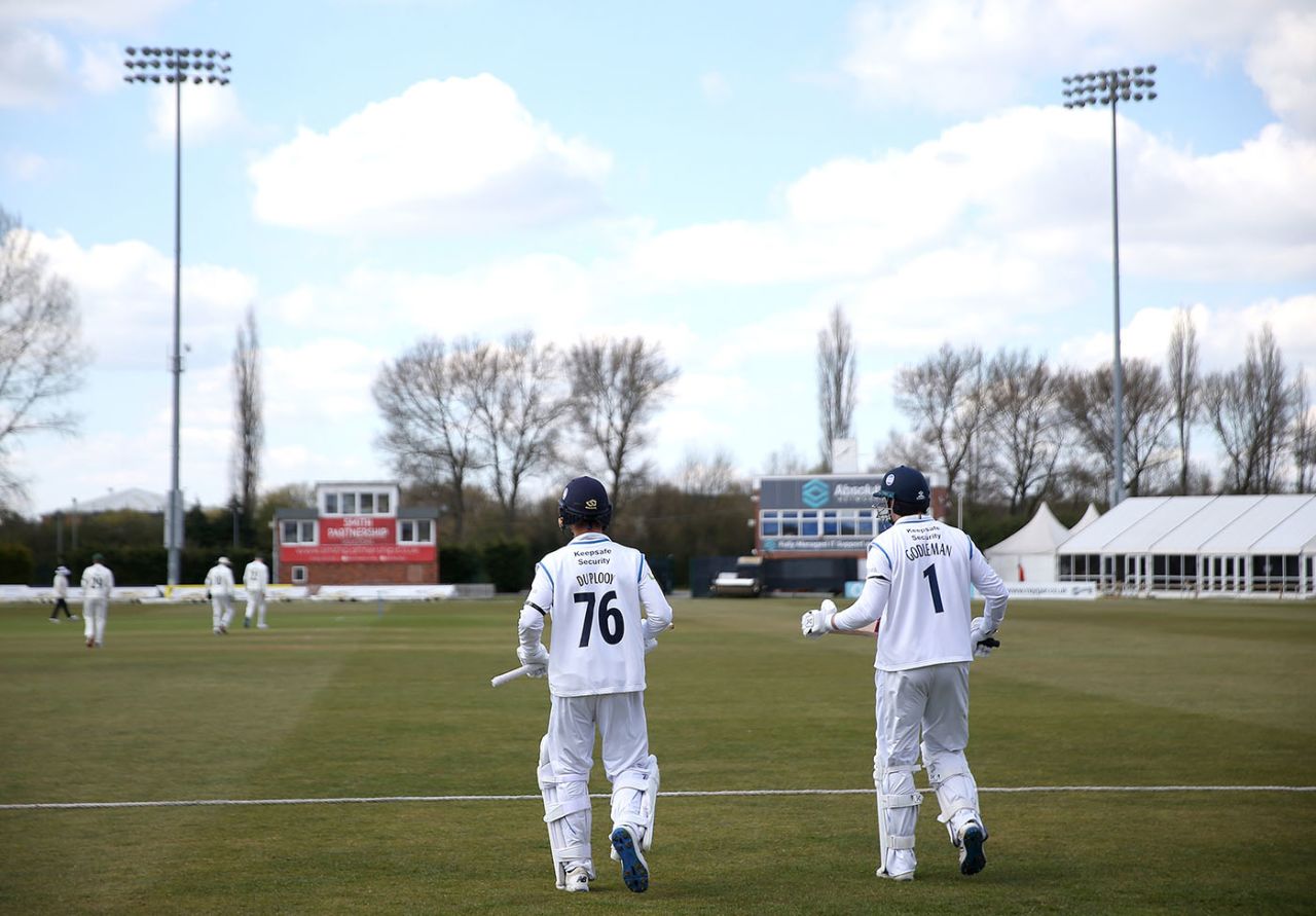 Leus Du Plooy and Billy Godleman make their way out to bat after lunch, LV= Insurance County Championship, Derbyshire vs Worcestershire, The Incora County Ground, April 15, 2021