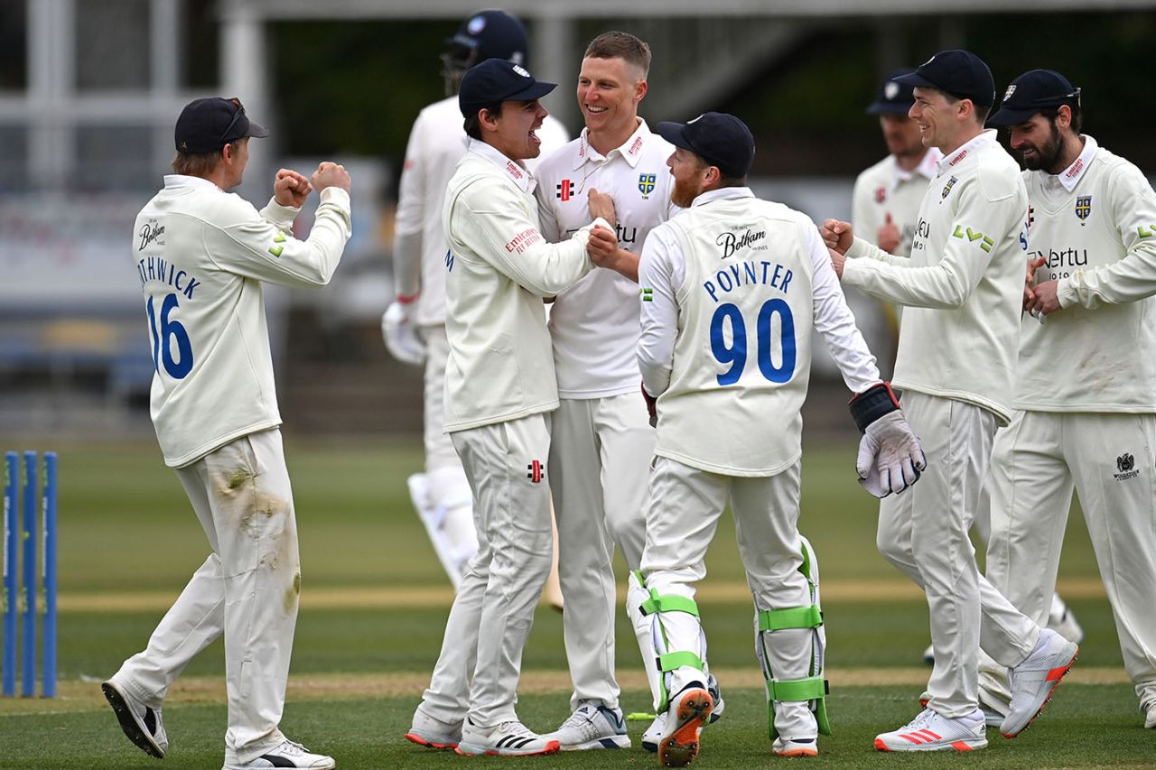 Brydon Carse celebrates a wicket with Durham team-mates, LV= Insurance County Championship, Essex vs Durham, Cloudfm County Ground, April 15, 2021