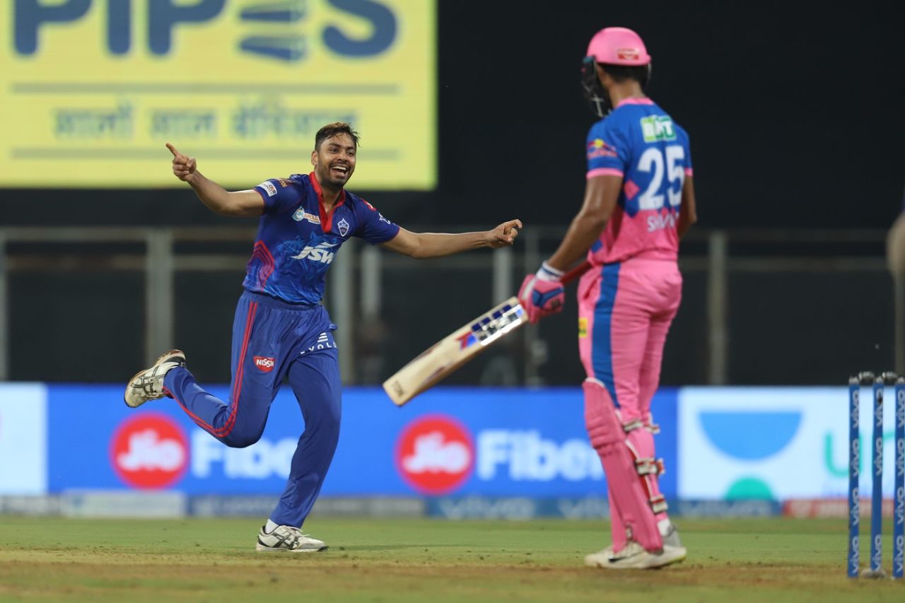 Avesh Khan celebrates the wicket of Shivam Dube, Delhi Capitals vs Rajasthan Royals, IPL 2021, Mumbai, April 15, 2021