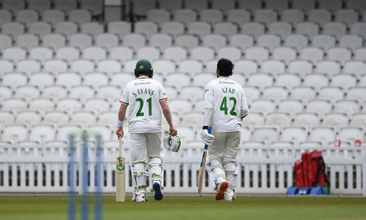 Hassan Azad and Sam Evans added 130 for the first wicket, LV= Insurance County Championship, Surrey vs Leicestershire, The Kia Oval, April 15, 2021
