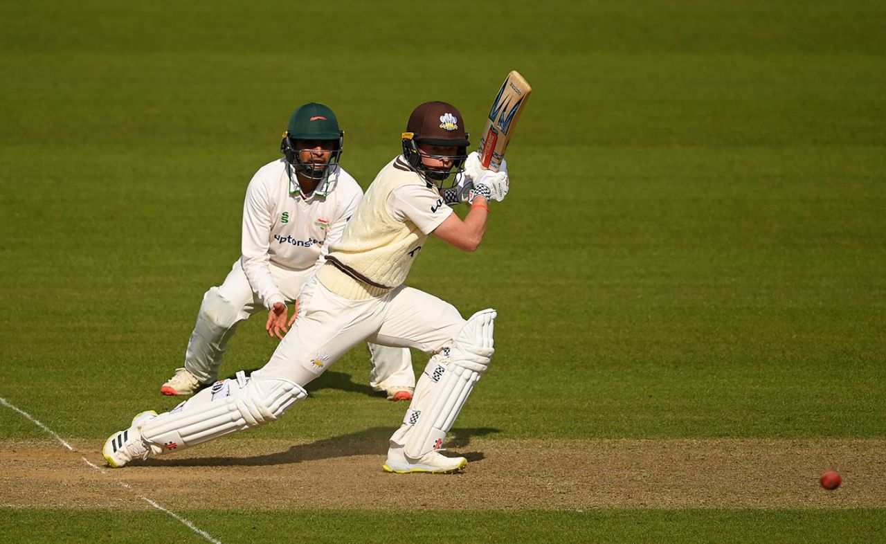 Ollie Pope plays to the off side, LV= Insurance County Championship, Surrey vs Leicestershire, The Kia Oval, April 16, 2021