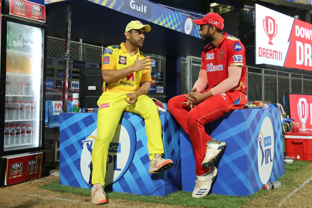 MS Dhoni and Shahrukh Khan have a chat after the match, Punjab Kings vs Chennai Super Kings, IPL 2021, Mumbai, April 16, 2021