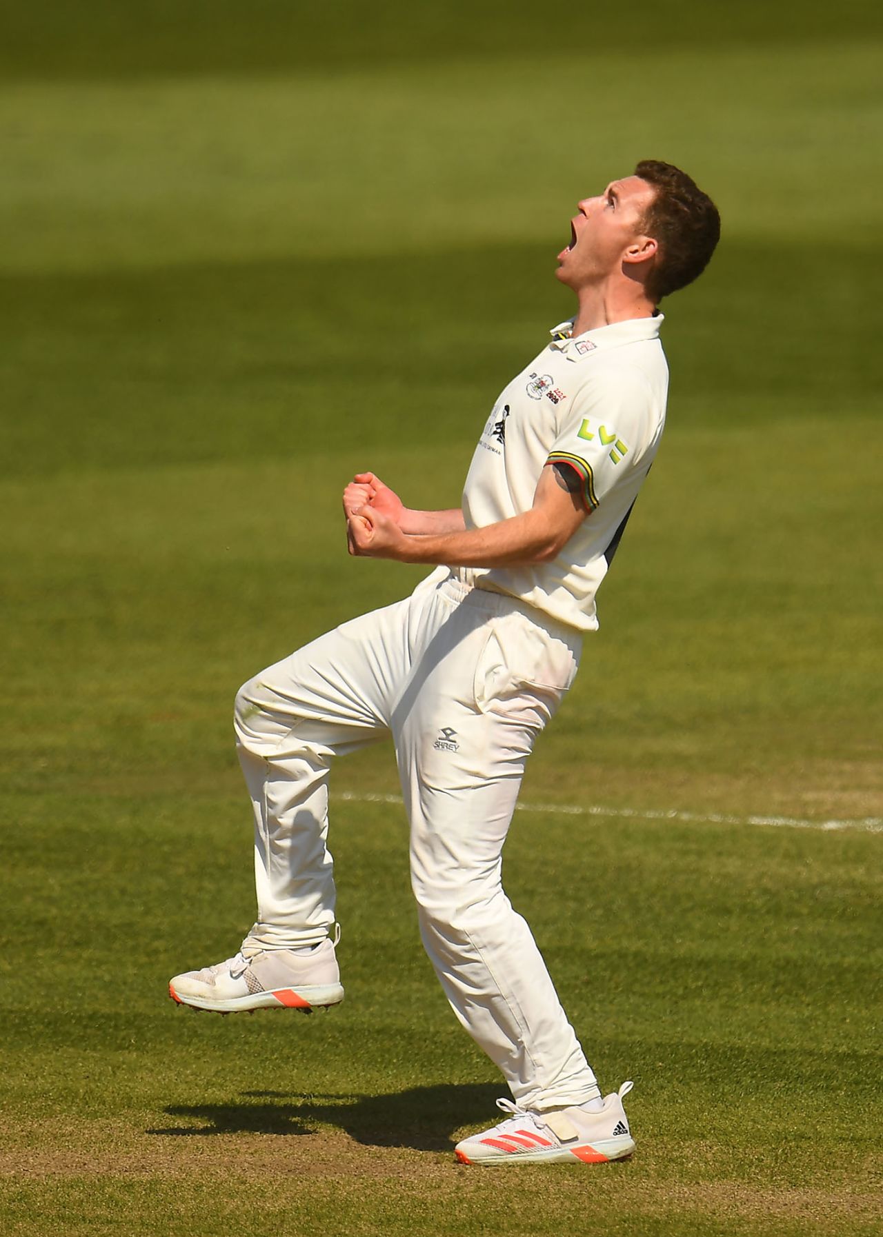 Ryan Higgins celebrates after taking the wicket of Craig Overton, LV= Insurance County Championship, Somerset vs Gloucestershire, Taunton, April 17, 2021