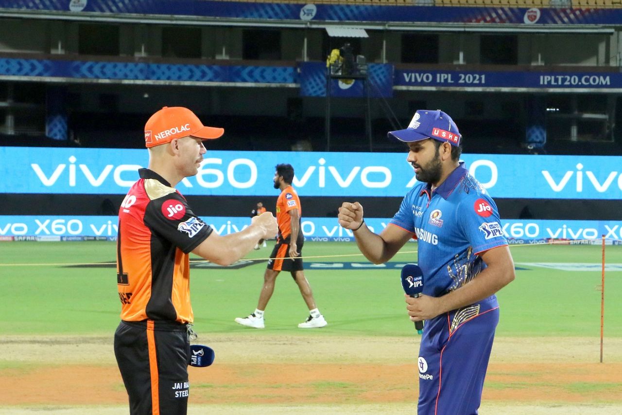 David Warner and Rohit Sharma bump fists at the toss, Mumbai Indians vs Sunrisers Hyderabad, IPL 2021, Chennai, April 17, 2021