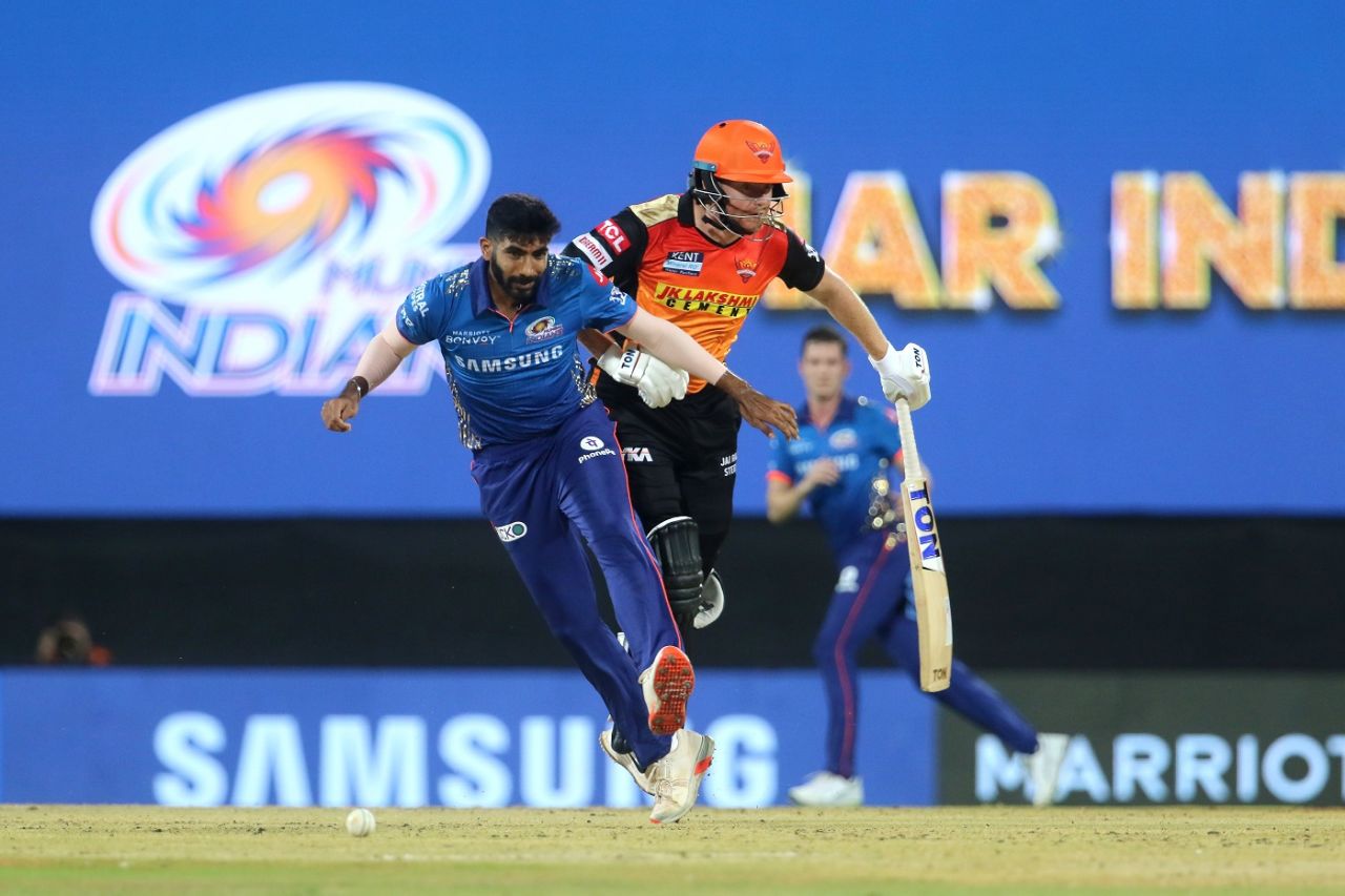 Joined at the heels: Jasprit Bumrah has his eyes on the ball as Jonny Bairstow takes a single, Mumbai Indians vs Sunrisers Hyderabad, IPL 2021, Chennai, April 17, 2021