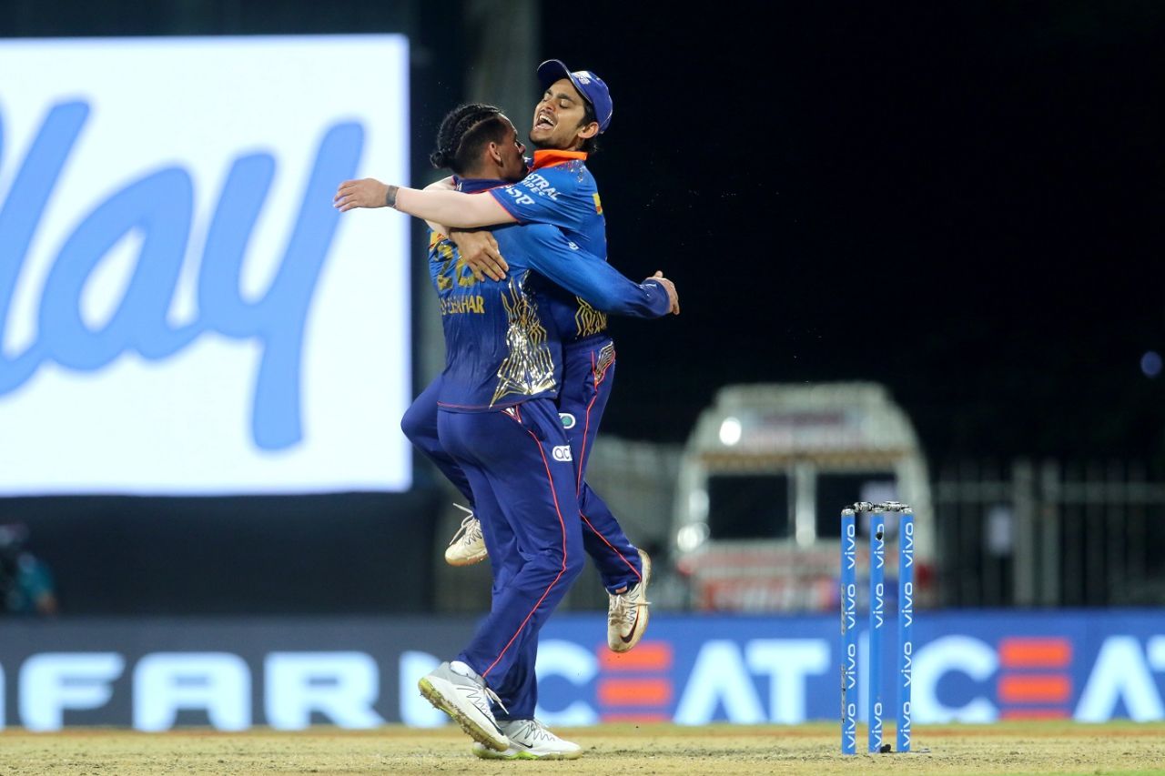 Rahul Chahar gets a hug from Ishan Kishan, who effected two run-outs, Mumbai Indians vs Sunrisers Hyderabad, IPL 2021, Chennai, April 17, 2021