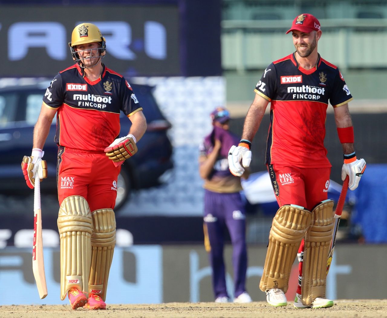 AB de Villiers and Glenn Maxwell find something to share a laugh about, Royal Challengers Bangalore vs Kolkata Knight Riders, IPL 2021, Chennai, April 18, 2021