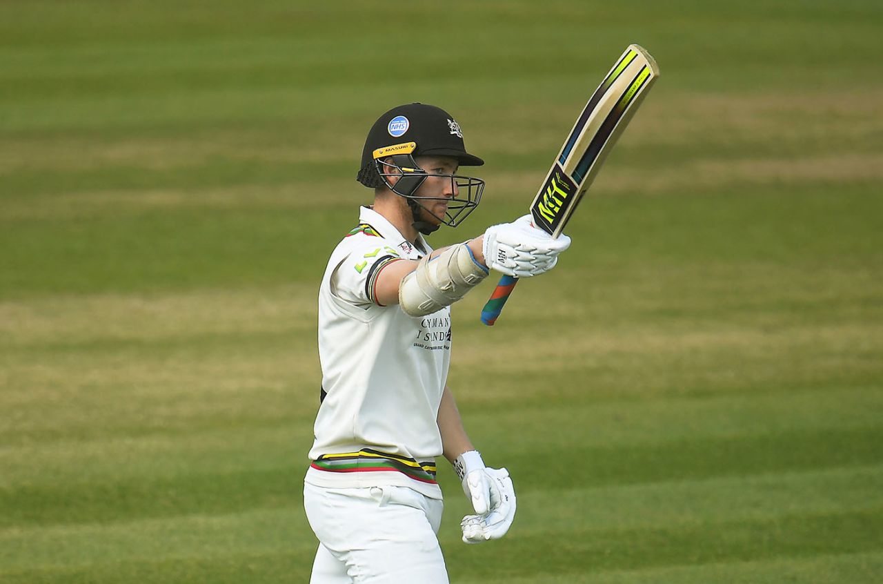 James Bracey celebrates after reaching a half-century, LV= Insurance County Championship, Somerset vs Gloucestershire, Taunton, April 18, 2021