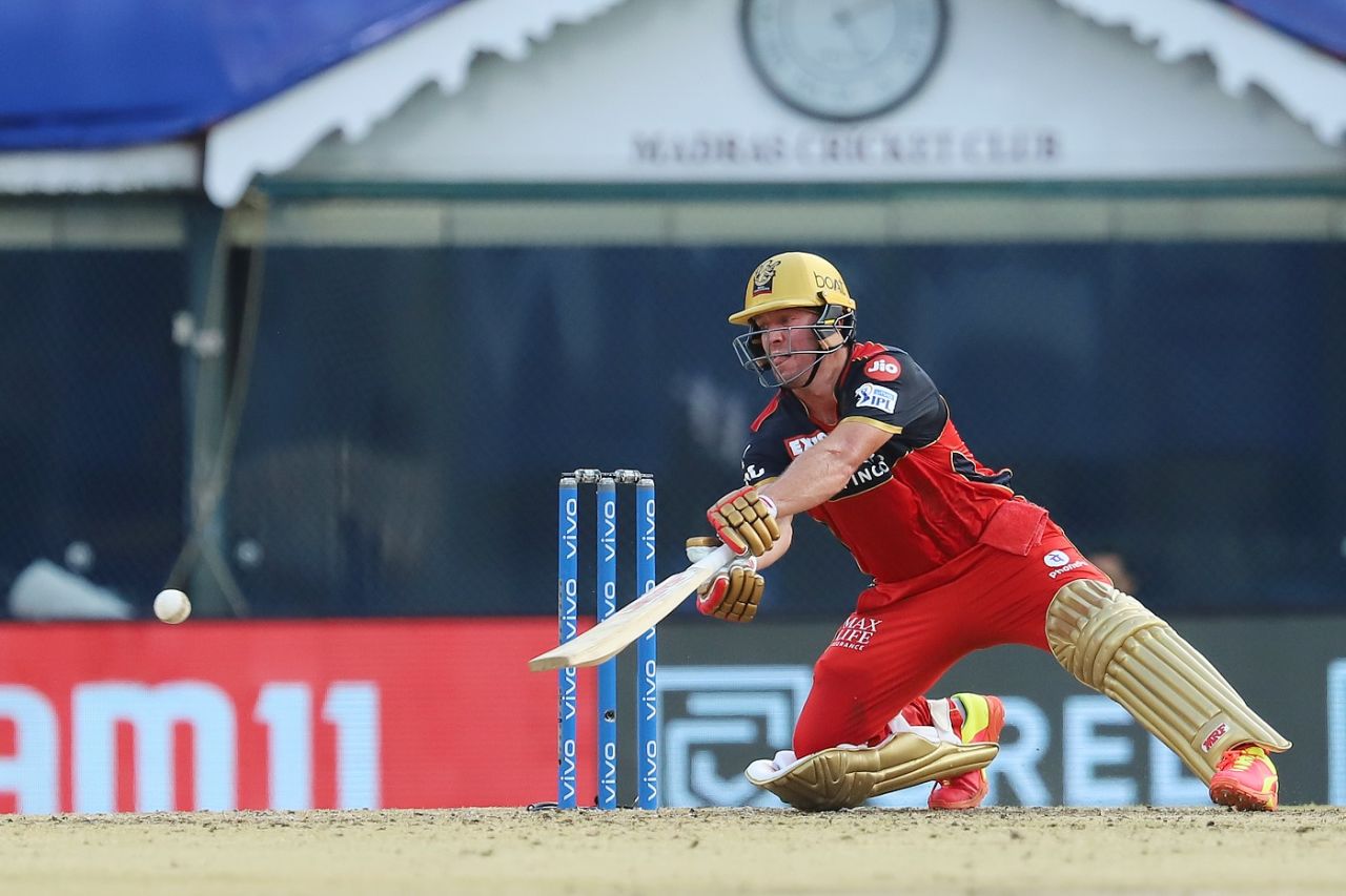AB de Villiers gets down on his knees to play over the off side, Royal Challengers Bangalore vs Kolkata Knight Riders, IPL 2021, Chennai, April 18, 2021